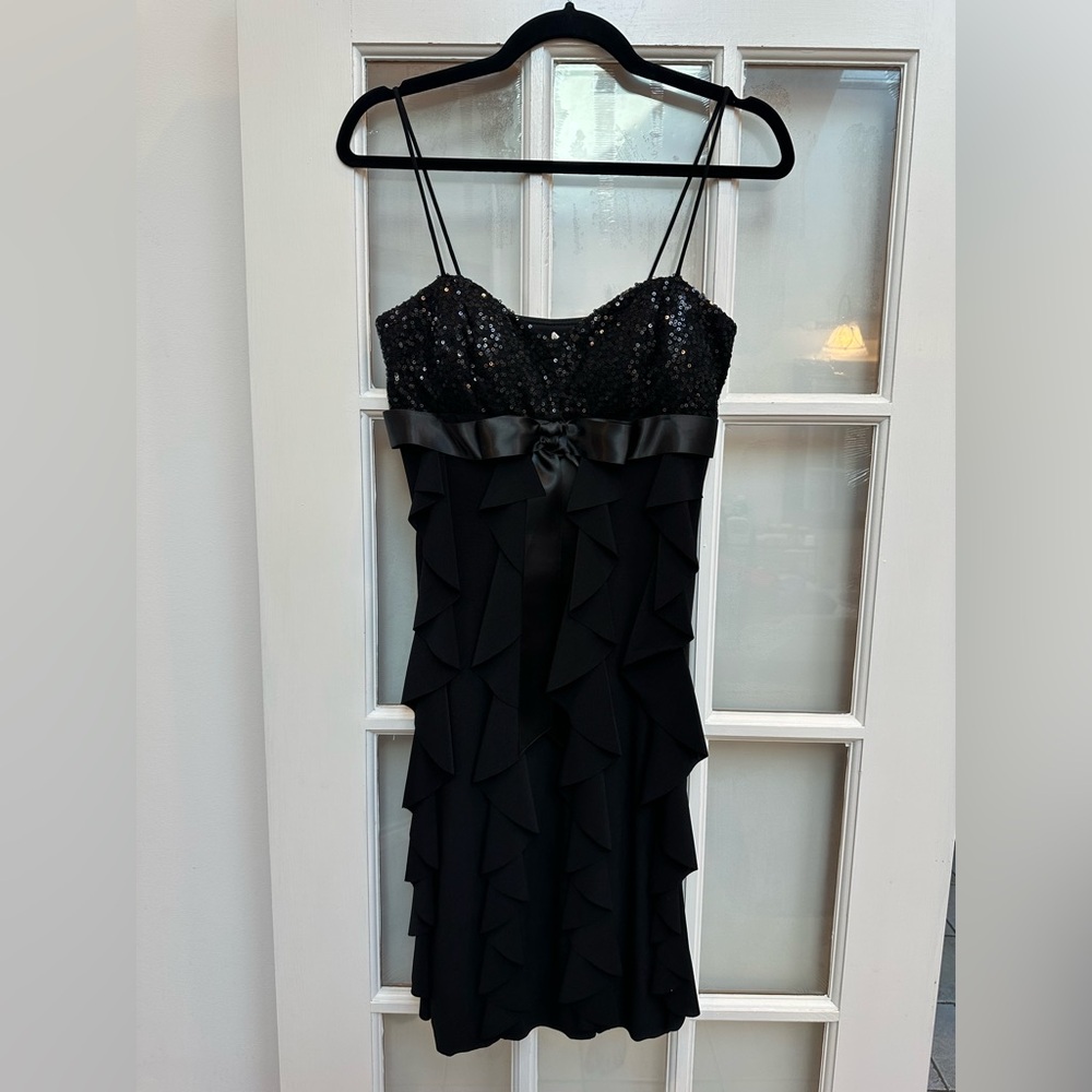 Vintage Cache Y2K Black Sequin Ruffle Spaghetti Strap Dress Prom Formal Size 6